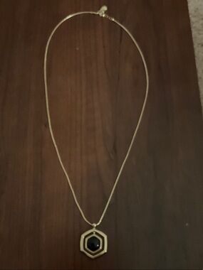 Gold Hexagon Pendant Necklace with Black Center